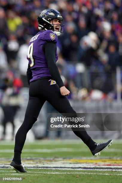 Justin Tucker of the Baltimore Ravens celebrates after making a 53 yard field goal against the Houston Texans during the first quarter in the AFC...