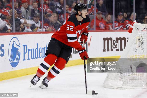 Cal Foote of the New Jersey Devils skates against the Vegas Golden Knights in the first period at Prudential Center on January 22, 2024 in Newark,...