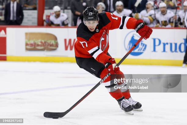 Simon Nemec of the New Jersey Devils skates against the Vegas Golden Knights in the third period at Prudential Center on January 22, 2024 in Newark,...