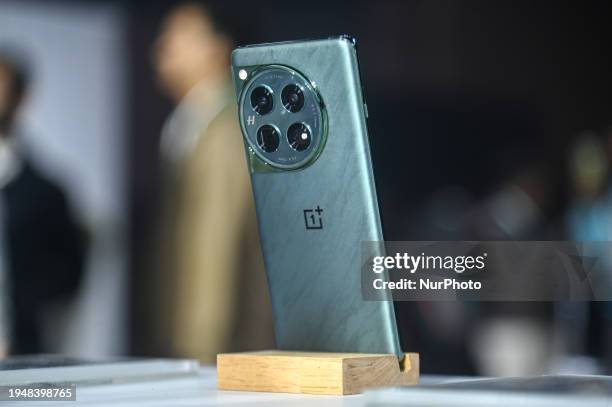 OnePlus 12 smartphone is on display during its launch event in New Delhi, India, on January 23, 2024.