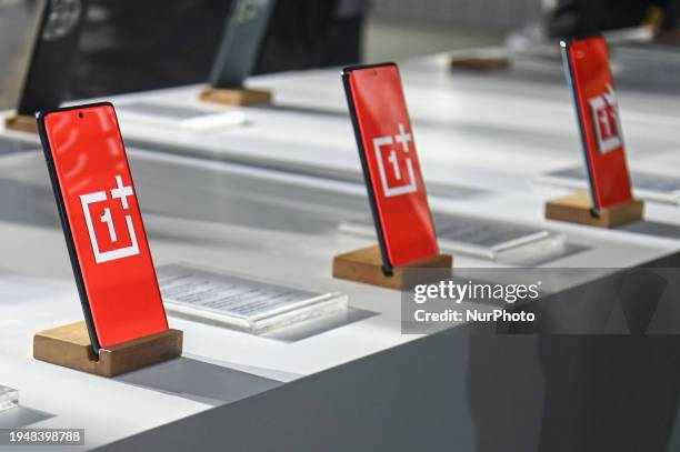 OnePlus 12R smartphones are being displayed during their launch event in New Delhi, India, on January 23, 2024.