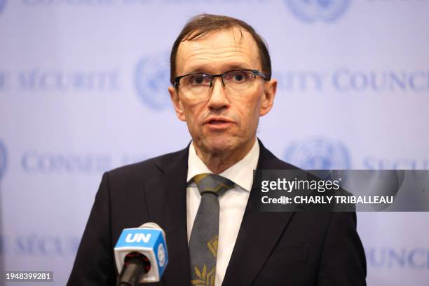 Norwegian Foreign Minister Espen Barth Eide speaks to the press at UN headquarters in New York on January 23, 2024.