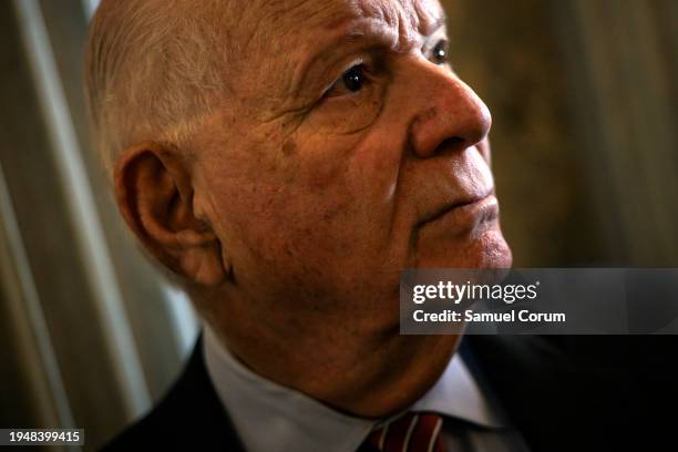 Senator Ben Cardin talks to reporters as he heads to the Senate floor for a vote on January 23, 2024 in Washington, DC. Negotiations over border...