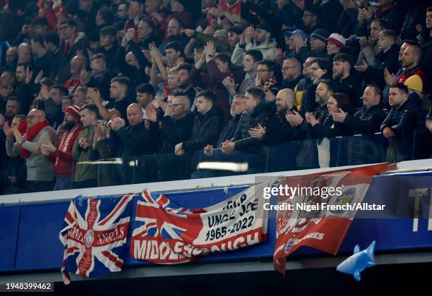 Middlesbrough Fans before the Carabao Cup Semi Final Second Leg match between Chelsea and Middlesbrough at Stamford Bridge on January 23, 2024 in...