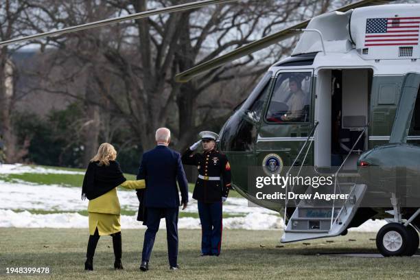 President Joe Biden and first lady Jill Biden walk to Marine One as they depart the White House January 23, 2024 in Washington, DC. Biden is...