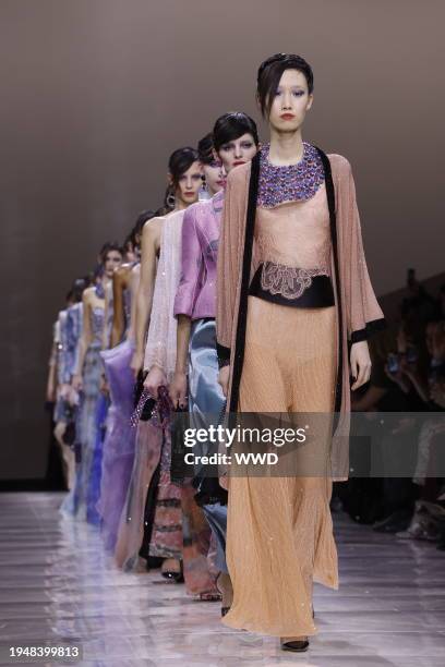 Models on the runway at Giorgio Armani Privé Couture Spring 2024 as part of Paris Couture Fashion Week held at Palais de Tokyo on January 23, 2024 in...