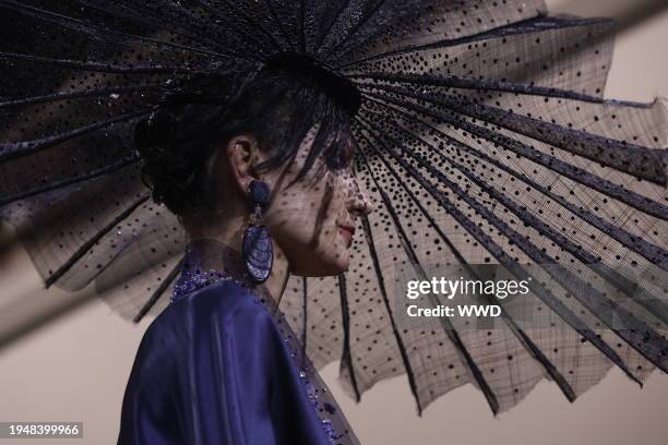 Model on the runway at Giorgio Armani Privé Couture Spring 2024 as part of Paris Couture Fashion Week held at Palais de Tokyo on January 23, 2024 in...