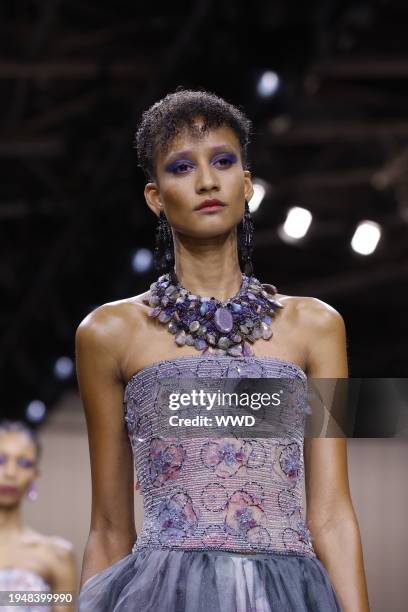 Model on the runway at Giorgio Armani Privé Couture Spring 2024 as part of Paris Couture Fashion Week held at Palais de Tokyo on January 23, 2024 in...