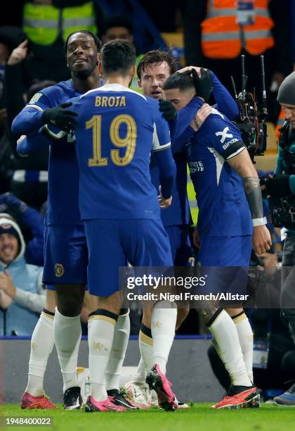 Axel Disasi, Armando Broja, Ben Chilwell and Enzo Fernandez of Chelsea celebrates 2nd goal during the Carabao Cup Semi Final Second Leg match between...