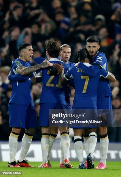 Enzo Fernandez, Mykhaylo Mudryk, Ben Chilwell, Armando Broja and Raheem Sterling of Chelsea celebrates 1st goal during the Carabao Cup Semi Final...