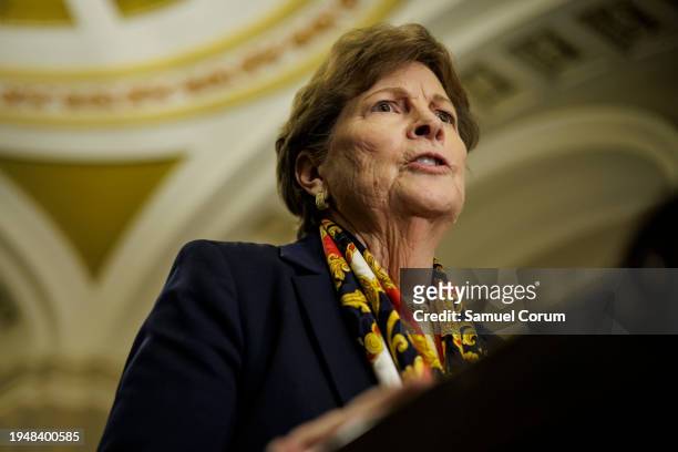 Senator Jeanne Shaheen speaks during a press conference following the Democrats weekly policy luncheon on January 23, 2024 in Washington, DC....