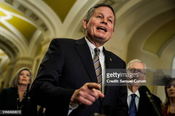 Senator Steve Daines speaks during a press conference following the Republicans weekly policy luncheon on January 23, 2024 in Washington, DC....