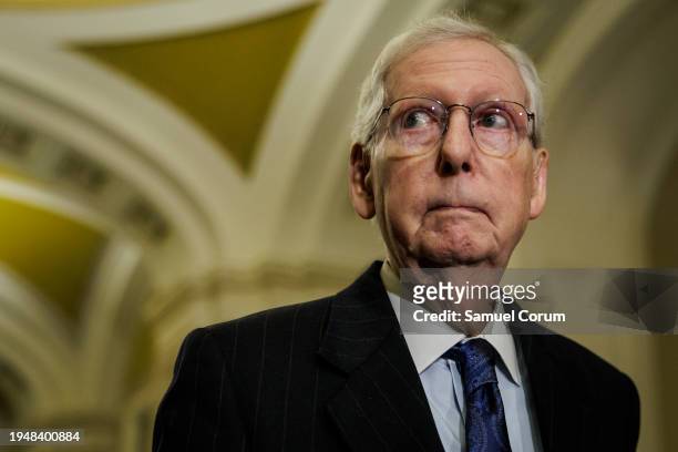 Senate Minority Leader Mitch McConnell speaks during a press conference following the Republicans weekly policy luncheon on January 23, 2024 in...