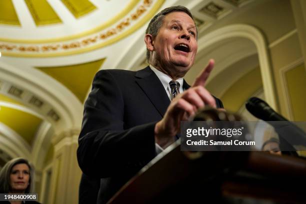 Senator Steve Daines speaks during a press conference following the Republicans weekly policy luncheon on January 23, 2024 in Washington, DC....