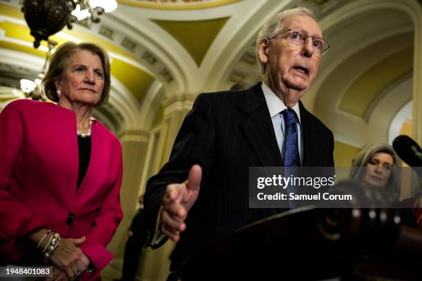 Senate Minority Leader Mitch McConnell speaks during a press conference following the Republicans weekly policy luncheon on January 23, 2024 in...