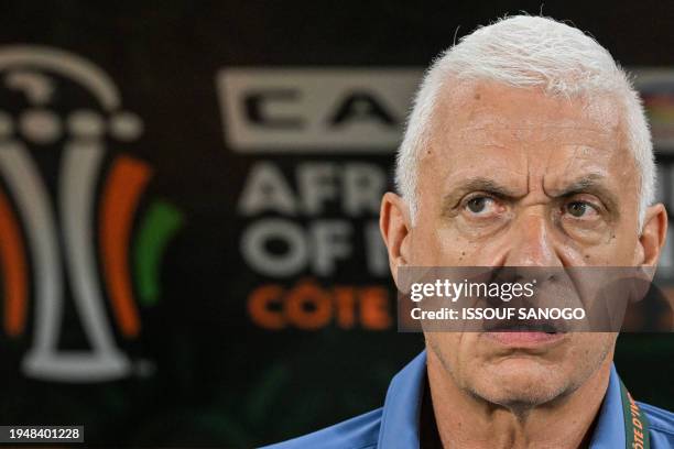 Burkina Faso's French coach Hubert Velud looks on during the Africa Cup of Nations 2024 group D football match between Angola and Burkina Faso at...