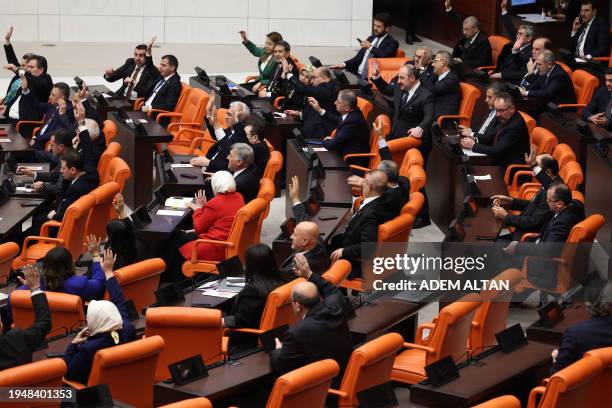 Lawmakers attend a session before voting on a bill regarding Sweden's accession to NATO, on January 23, 2024 at the Grand National Assembly of Turkey...