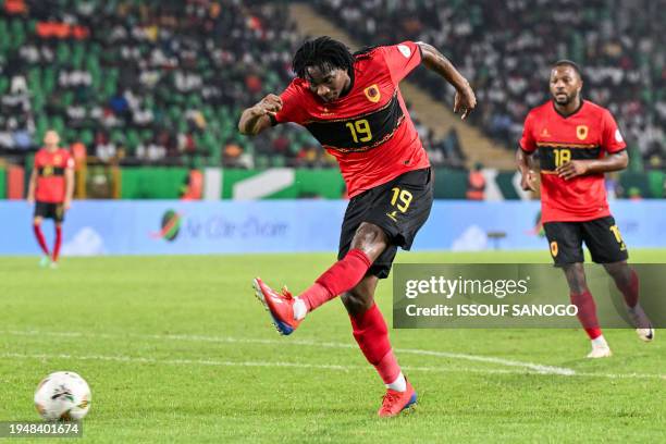 Angola's forward Mabululu kicks the ball during the Africa Cup of Nations 2024 group D football match between Angola and Burkina Faso at Stade...