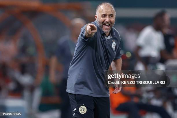 Algeria's French coach Djamel Belmadi shouts instructions to his players from the touchline during the Africa Cup of Nations 2024 group D football...