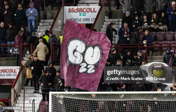 The Gorgie Ultras hold up their flag during a cinch Premiership match between Heart of Midlothian and Dundee at Tynecastle Park, on January 23 in...