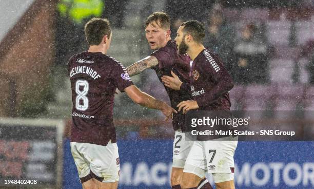 Hearts' Calem Nieuwenhof celebrates as he scores to make it 2-1 during a cinch Premiership match between Heart of Midlothian and Dundee at Tynecastle...