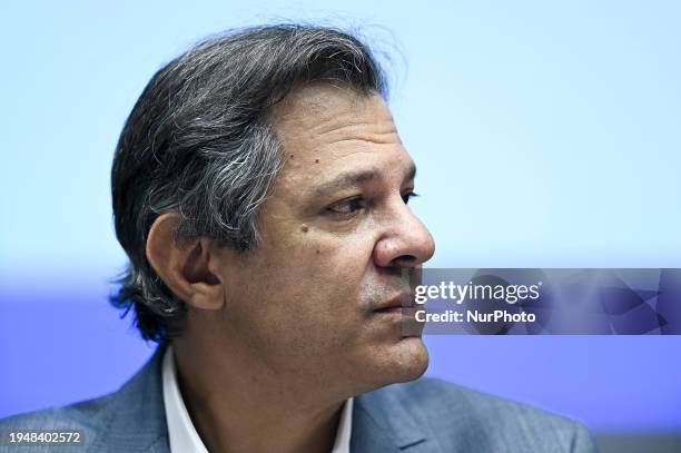 Brazil's Economy Minister Fernando Haddad is participating in a press conference to discuss the details of the policy to renew the Tax Regime to...