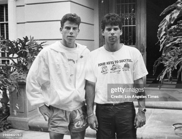 Erik Menendez, left, and is brother Lyle, in front of their Beverly Hills home. They are prime suspects in their parents murder.