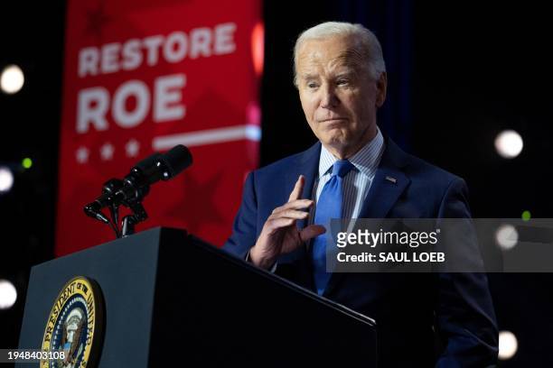President Joe Biden speaks during a campaign rally to Restore Roe at Hylton Performing Arts Center in Manassas, Virginia, on January 23, 2024....