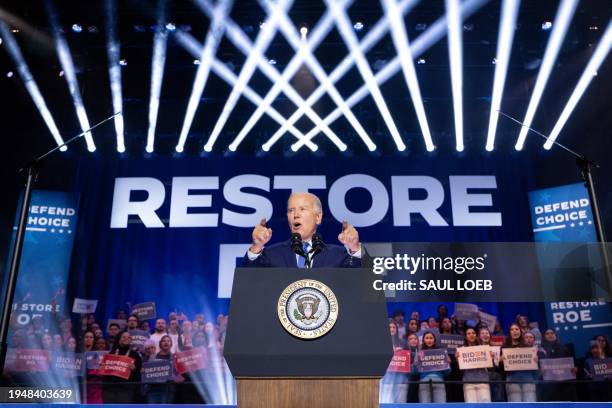 President Joe Biden speaks during a campaign rally to Restore Roe at Hylton Performing Arts Center in Manassas, Virginia, on January 23, 2024....