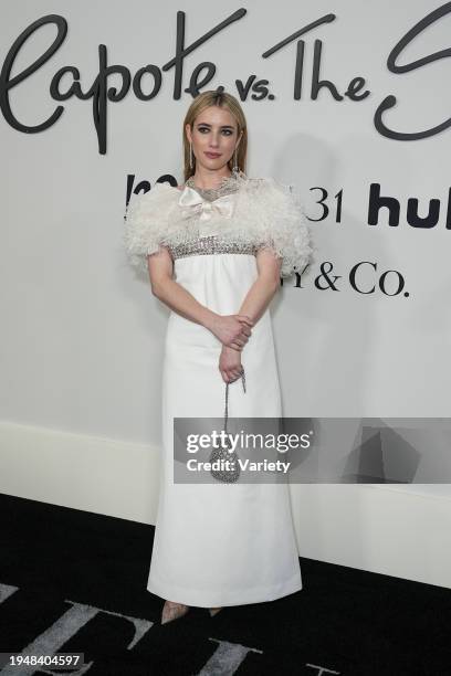 Emma Roberts at the premiere of "Feud: Capote vs. The Swans" held at MOMA on January 23, 2024 in New York City.