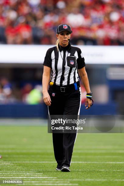 Sarah Thomas NFL referee on the field during a game between the San Francisco 49ers and the Los Angeles Rams at SoFi Stadium on September 17, 2023 in...