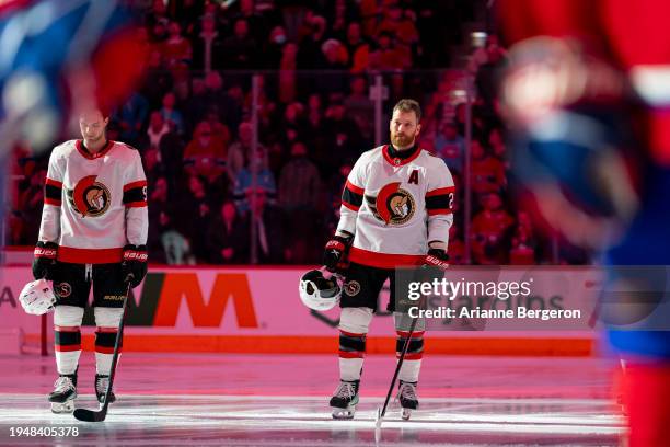 Claude Giroux of the Ottawa Senators during the singing of the National Anthem of the NHL regular season game between the Montreal Canadiens and the...