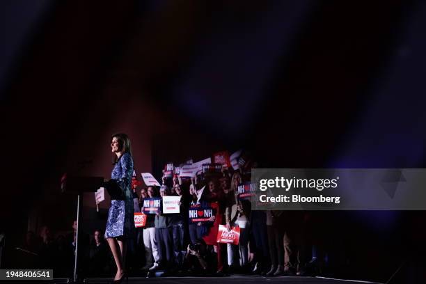 Nikki Haley, former governor of South Carolina and 2024 Republican presidential candidate, left, during a New Hampshire primary election night watch...