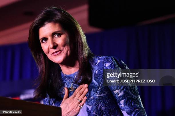 Republican presidential hopeful and former UN Ambassador Nikki Haley speaks after results came in for the New Hampshire primaries during a watch...