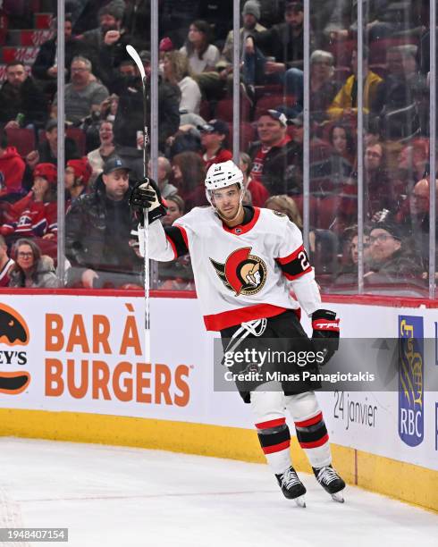 Mathieu Joseph of the Ottawa Senators celebrates his empty-net goal during the third period against the Montreal Canadiens at the Bell Centre on...