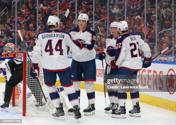 Dmitri Voronkov of the Columbus Blue Jackets celebrates a goal in the first period against the Edmonton Oilers on January 23, 2024 at Rogers Place in...