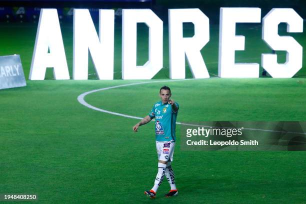 Andres Guardado gestures during his presentation as new player of Club Leon at Leon Stadium on January 23, 2024 in Leon, Mexico.