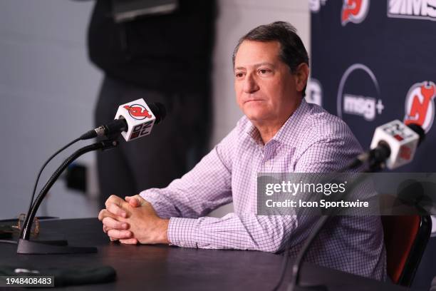 David Blitzer Managing Partner, Chairman, Governor of the New Jersey Devils answers questions during a press conferance regarding a multi-year...