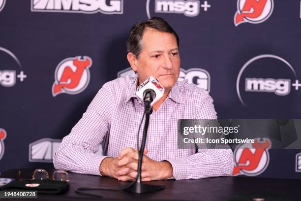 David Blitzer Managing Partner, Chairman, Governor of the New Jersey Devils answers questions during a press conferance regarding a multi-year...