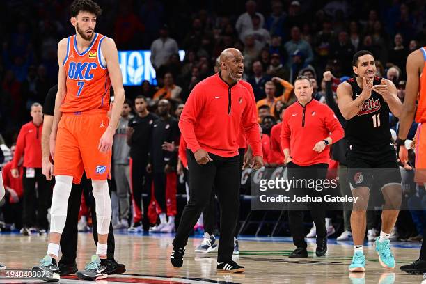 Chauncey Billups of the Portland Trail Blazers reacts after a technical foul call during the second half against the Oklahoma City Thunder at Paycom...