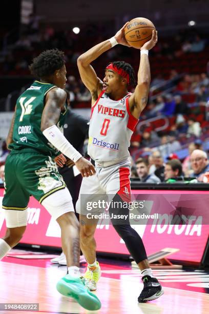 Jalen Lecque of the Rio Grande Valley Vipers handles the ball against the Iowa Wolves during an NBA G-League game on January 23, 2024 at the Wells...