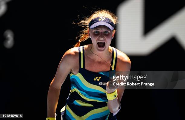 Dayana Yastremska of Ukraine in action against Linda Noskova of the Czech Republic in the quarter-final on Day 11 of the 2024 Australian Open at...