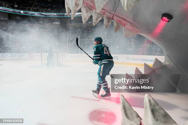 Marc-Edouard Vlasic of the San Jose Sharks takes the ice through the Shark Head before the game against the New York Rangers at SAP Center on January...