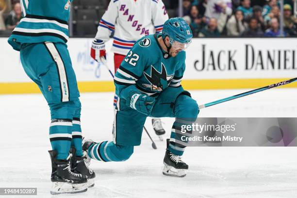 Ryan Carpenter of the San Jose Sharks celebrates scoring a goal against the New York Rangers in the third period at SAP Center on January 23, 2024 in...