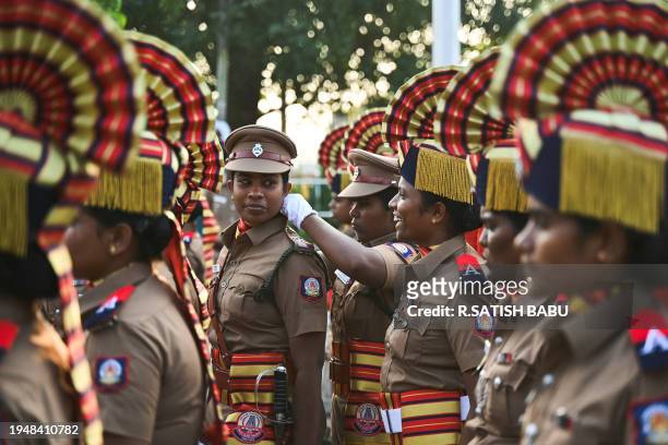 Cadets prepare to take part in a full dress rehearsal for the upcoming Republic Day parade, in Chennai on January 24, 2024.