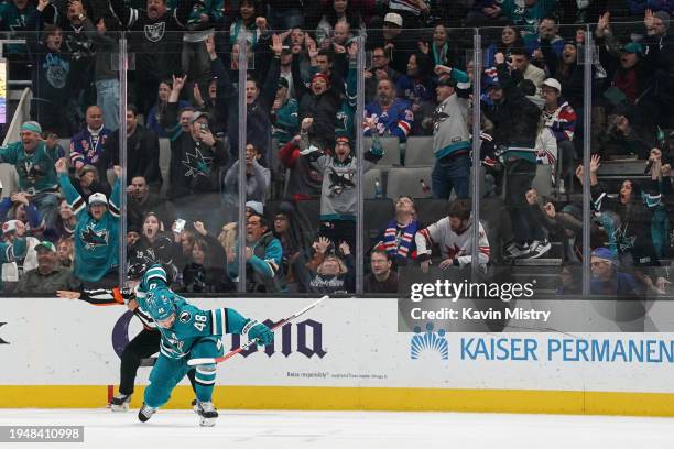 Tomas Hertl of the San Jose Sharks celebrates scoring the game-winning goal in overtime against the New York Rangers at SAP Center on January 23,...