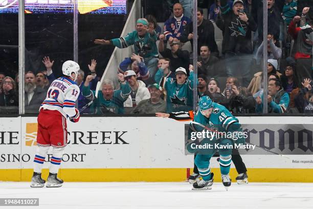 Tomas Hertl of the San Jose Sharks celebrates scoring the game-winning goal in overtime against the New York Rangers at SAP Center on January 23,...