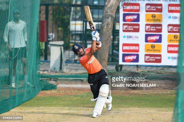 India's Dhruv Jurel bats at the nets during a practice session at the Rajiv Gandhi International Cricket Stadium in Hyderabad on January 24 on the...
