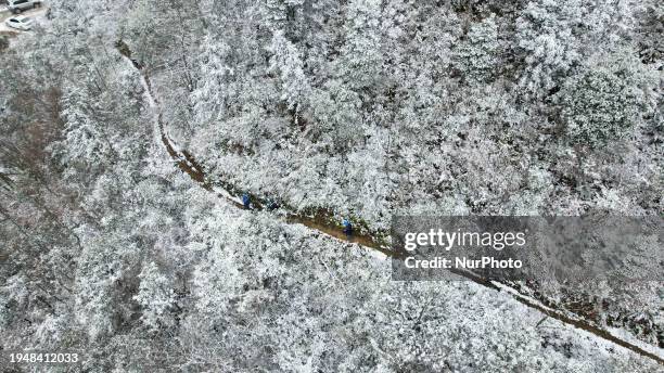 Workers are inspecting power supply lines in the cold mountainous area of Dongling village in Liuzhou, China, on January 23, 2024.