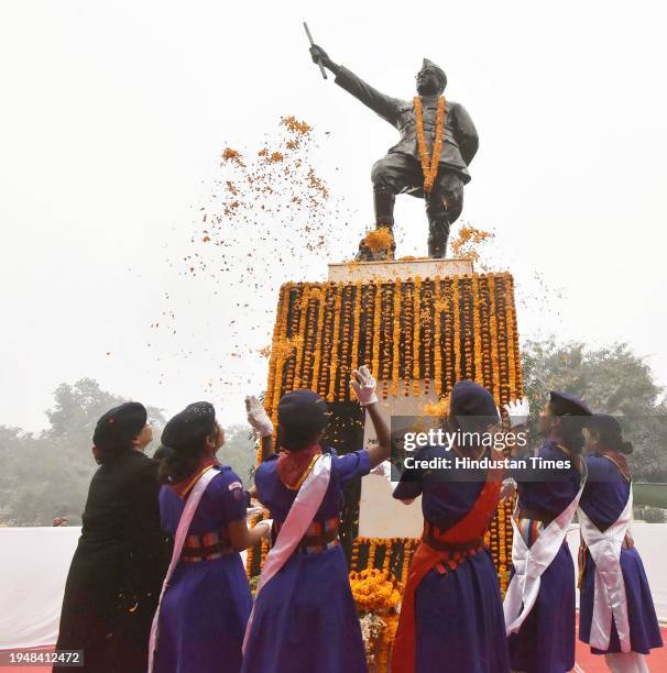 Scout & Guide members pay tribute to Netaji Subhash Chandra Bose on his birth anniversary near Gandhi Maidan on January 23, 2024 in Patna, India.